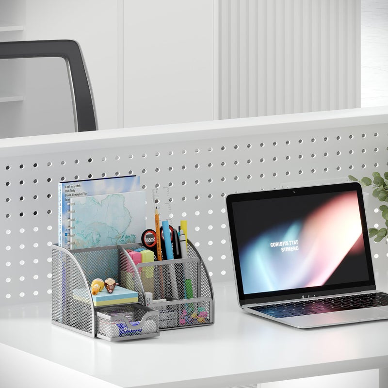 EasyPAG Mesh Desk Organizer with Drawer Multi-functional Pen Holder Stationery Organizer for Office School Supplies 6 Compartments Dorm Organizers and Storage for Desk, Silver - Image 5